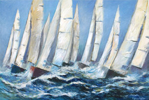 Olieverfschilderij van aan de wind varende zeilschepen in woeste golven.