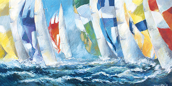 Olieverfschilderij van zeilschepen met gekleurde zeilen die met ruime wind varen op woeste golven.