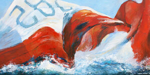 Olieverfschilderij van een wit-rood zeil dat spectaculair in het water valt.