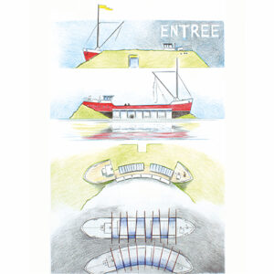 Doorsnede van een gebouw in de vorm van een schip, ingebouwd in een dijk, met zicht op entree en verschillende aanzichten.