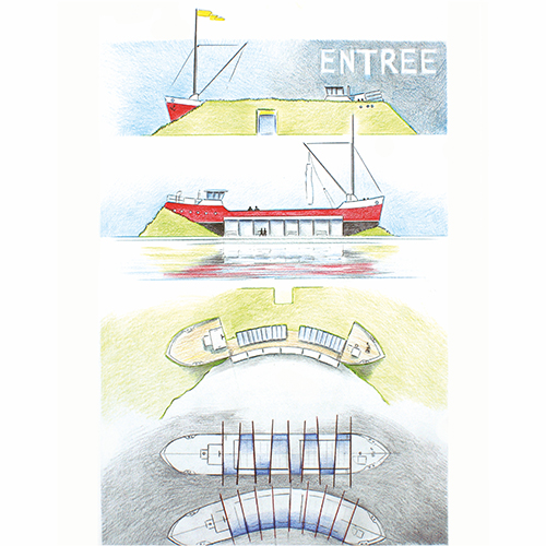 Doorsnede van een gebouw in de vorm van een schip, ingebouwd in een dijk, met zicht op entree en verschillende aanzichten.