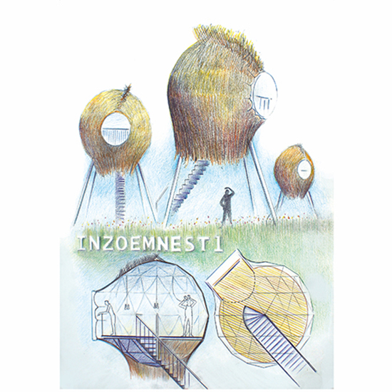 Architectonische tekening van gebouwen die geïnspireerd zijn op nesten.