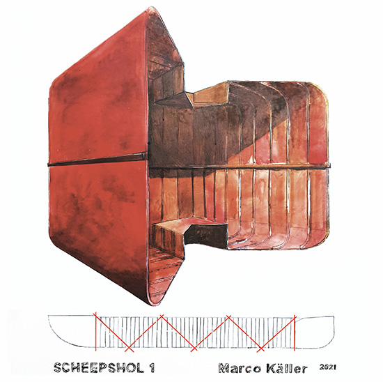 Schildering van een architectonisch object in de vorm van een schip.